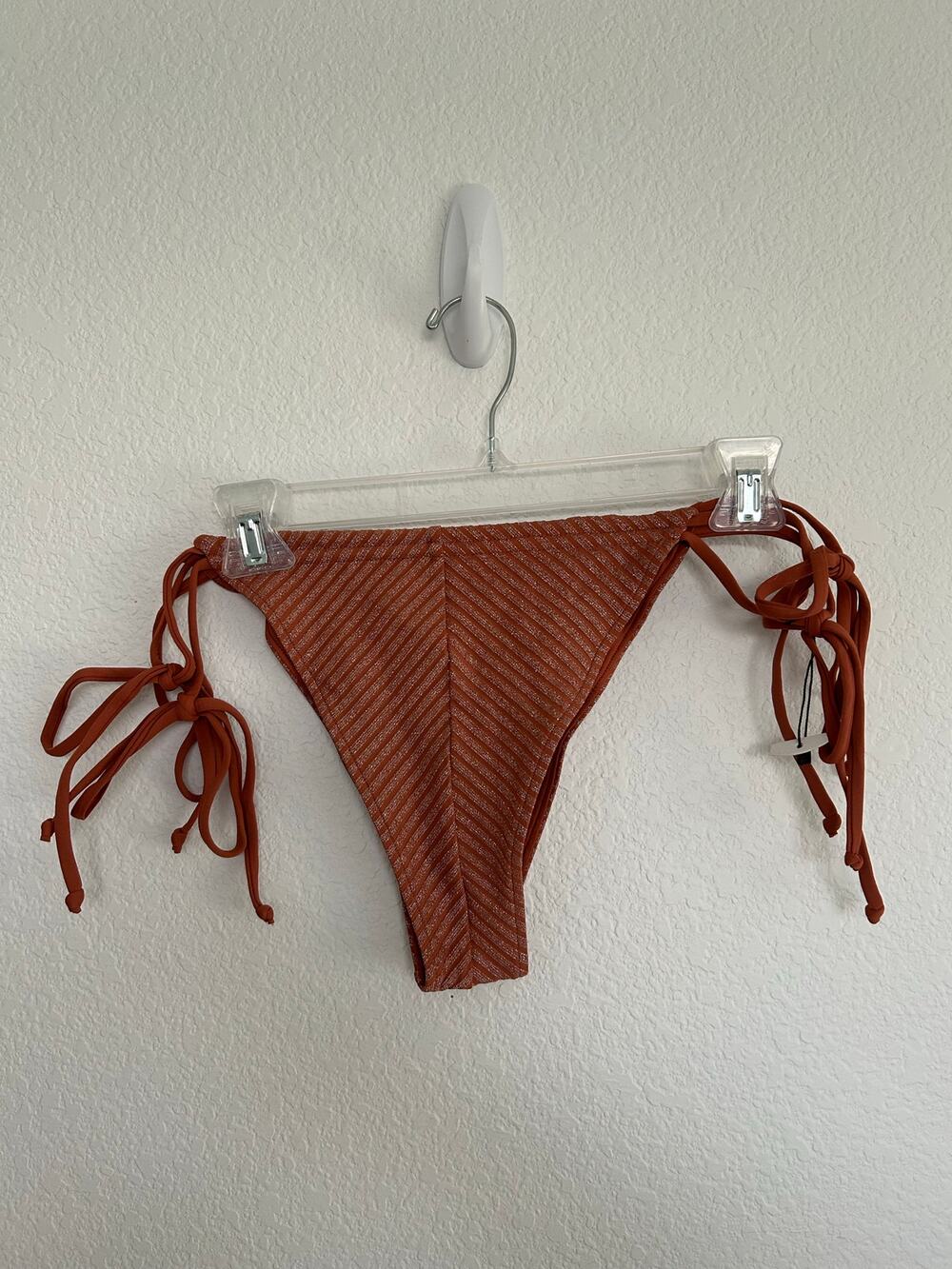 JMP The Label Terra Cotta Metallic  Silver Striped Side Tie Bikini Bottoms -L